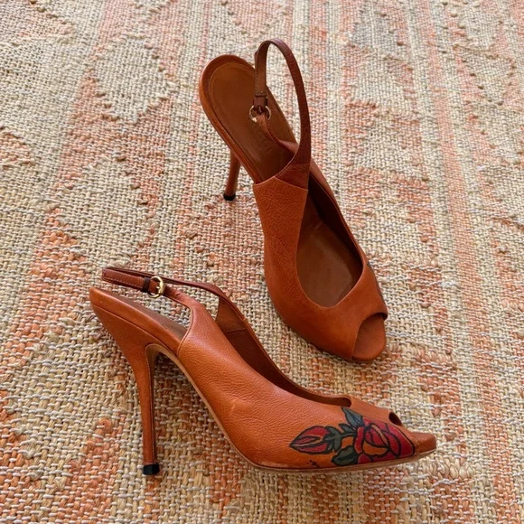 GUCCI Pioneer Fiore Rose Tattoo Leather Slingback Vintage Heels Size 7.5 - Picture 6 of 12